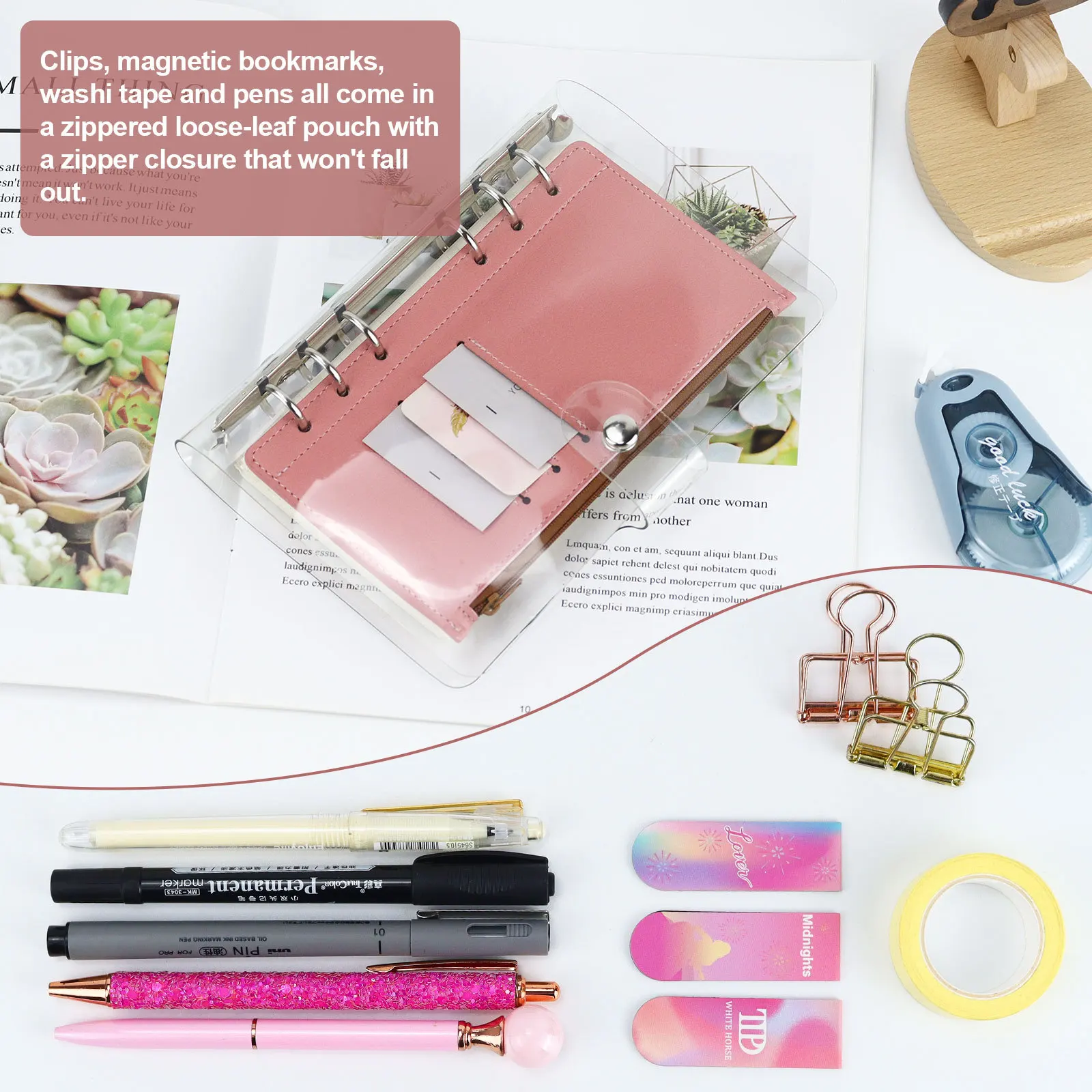 A6 Pink  6-Ring Notebook Binder Loose Leaf Document Filing Bags DIY Document Bag Binder Rings PVC Storage Binding Folder