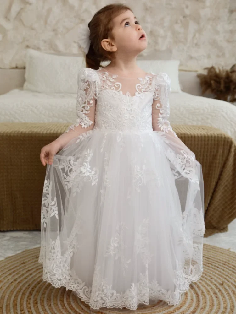 White Flower Girl Dresses Tulle Lace Flory Pattern With Bow Long Sleeve For Wedding Birthday Party First Communion Gowns