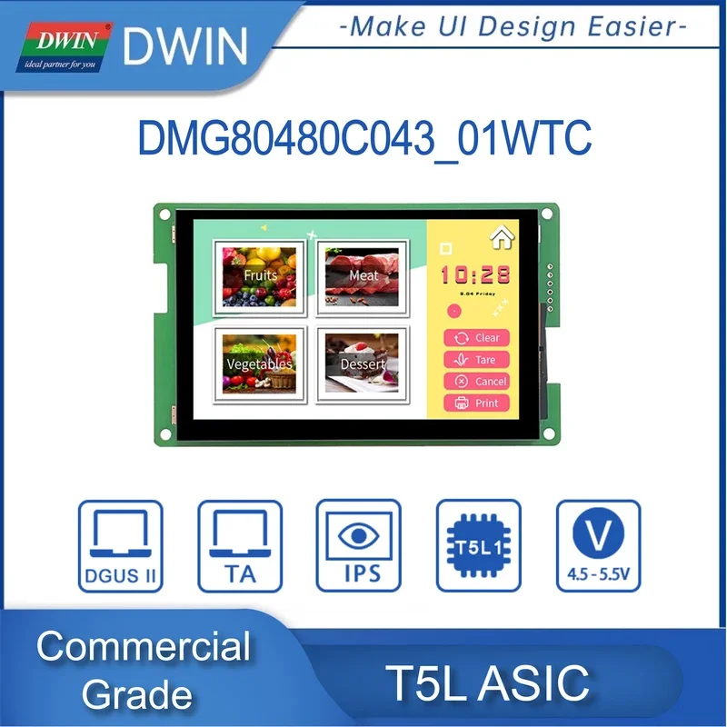 DWIN 4.3 인치 TFT LCD 모듈 800*480 픽셀 상업용 터치 스크린 TTL 스마트 디스플레이 HMI DMG80480C043_01W/02W