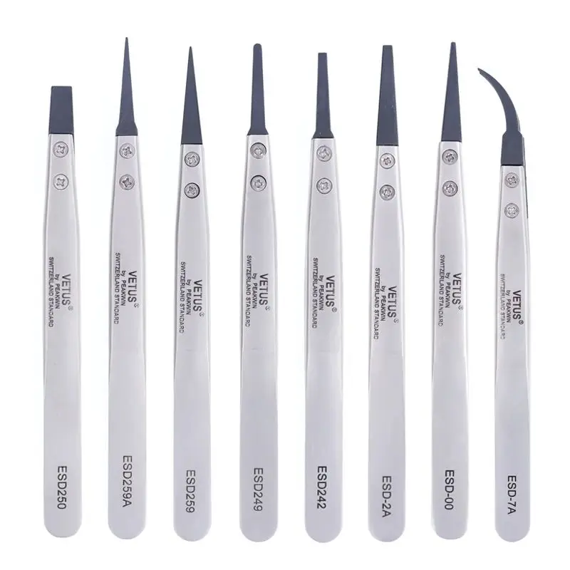Pinzas antiestáticas con cabezal intercambiable VETUS ESD-259A, cuerpo de acero inoxidable, cabeza de plástico conductora de fibra de carbono antiestática
