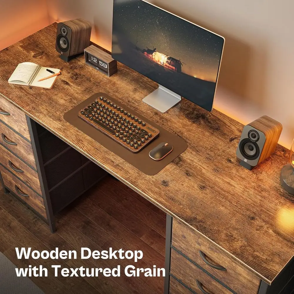 Mesa de escritório doméstico e para jogos de armazenamento grande marrom rústico 55 com 8 gavetas de tecido