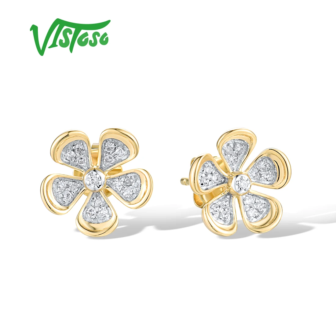 VISTOSO Genuine 14K 585 Yellow Gold Stud Earrings For Women Sparkling Diamonds Fantastic Simple Daily Wearing Fine Jewelry