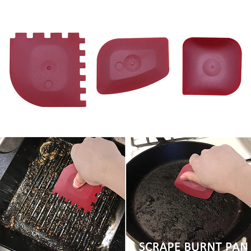 3Pcs Grill Pan Scraper Tool Frying Pan Stripe Cast Iron Skillet Grease Cleaning Scrapers Serrated Kitchen Cleaning Oil Scraper