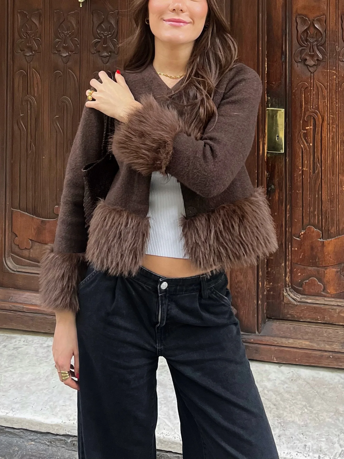 

HH Women Winter Warm Faux Fur Effect Spliced ​​Knitted Set Long-Sleeved Jacket+Round Neck Short-Sleeved Casual Knitted Dress