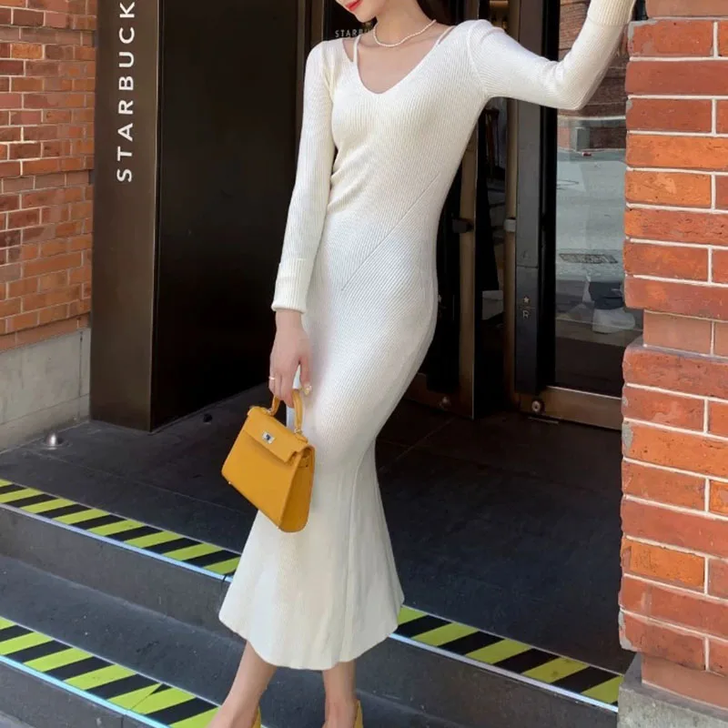 

Ladies Elegant Temperament Office Bodycon Dresses Autumn Winter Knitted Dress Women Korean Fashion Slim Fit V-Neck Long Dress