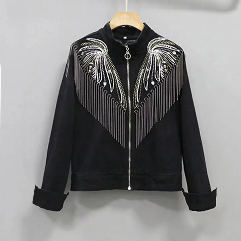 Women's Black Shining Denim Jacket Streetwear 2024 Spring/autumn New Trend Tassel Slim Short Jackets Female Zipper Outwear Tops