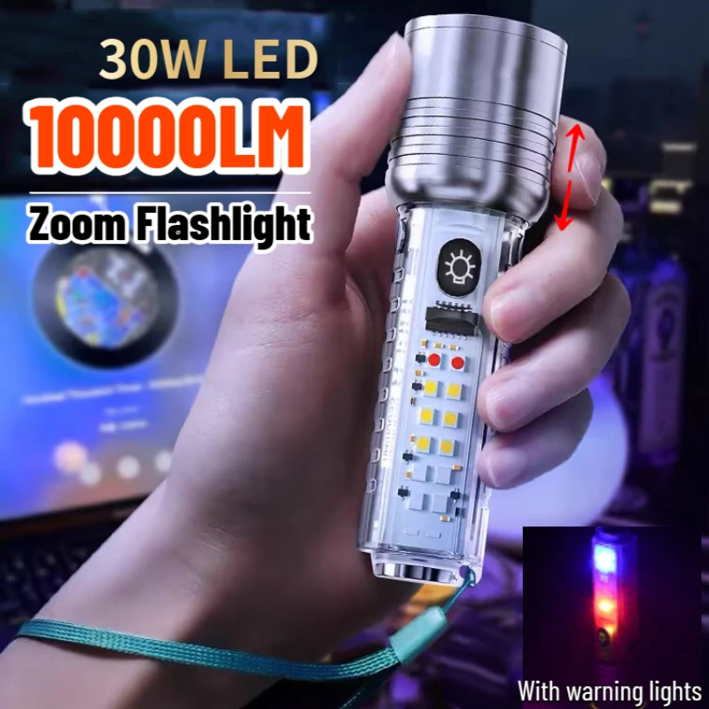 10000LM Super Bright LED Flashlight 30W LED Wick Lighting White Red Blue Purple Side Light Zoomable Torch Camping Lantern