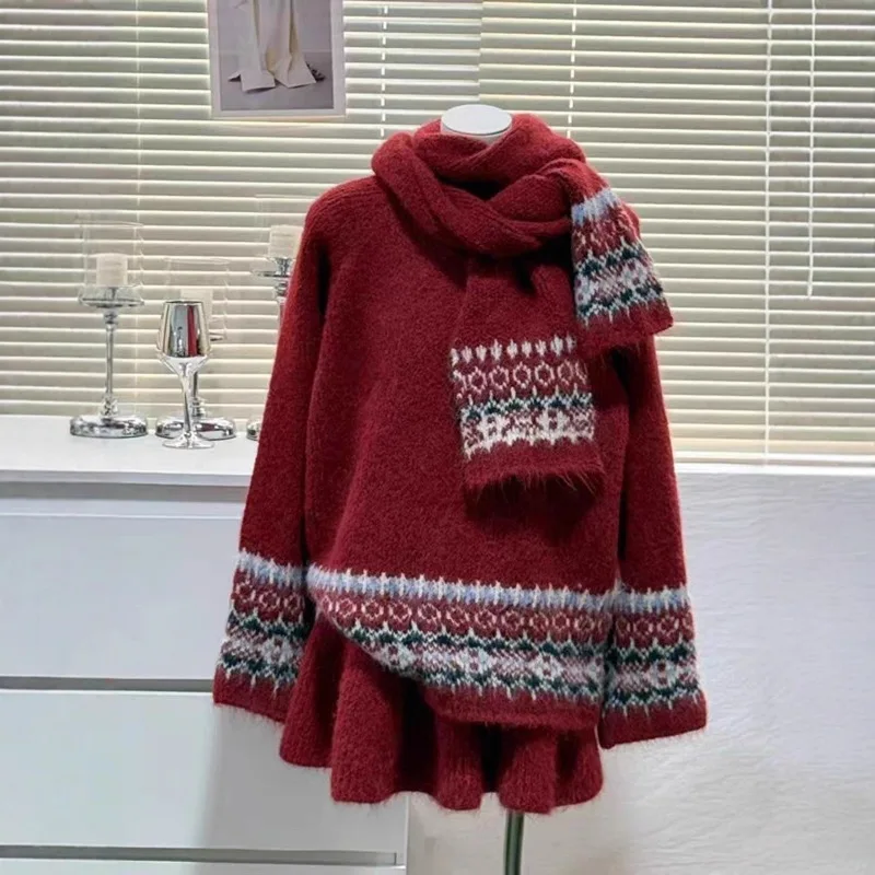 

Пуловер, свитер, женский новый модный корейский комплект из трех предметов, осень/зима, ретро ленивый стиль, вязаная рубашка с круглым вырезом