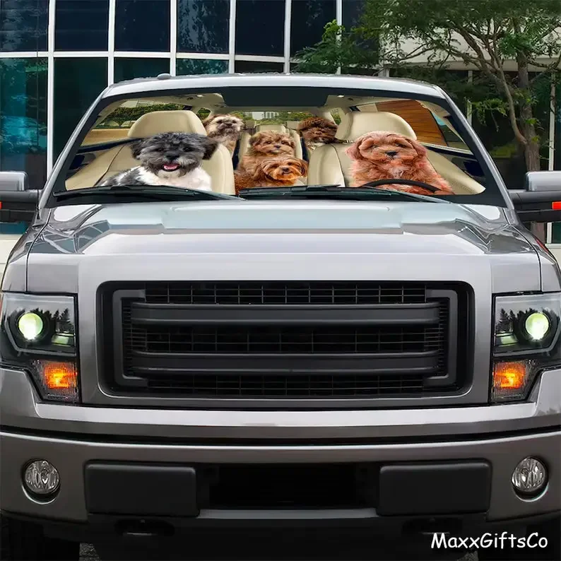 Shih-Poo Car Sun Shade, Shih-Poo Windshield, Dogs Family Sunshade, Dog Car Accessories, Car Decoration, Gift For Dad, Mom