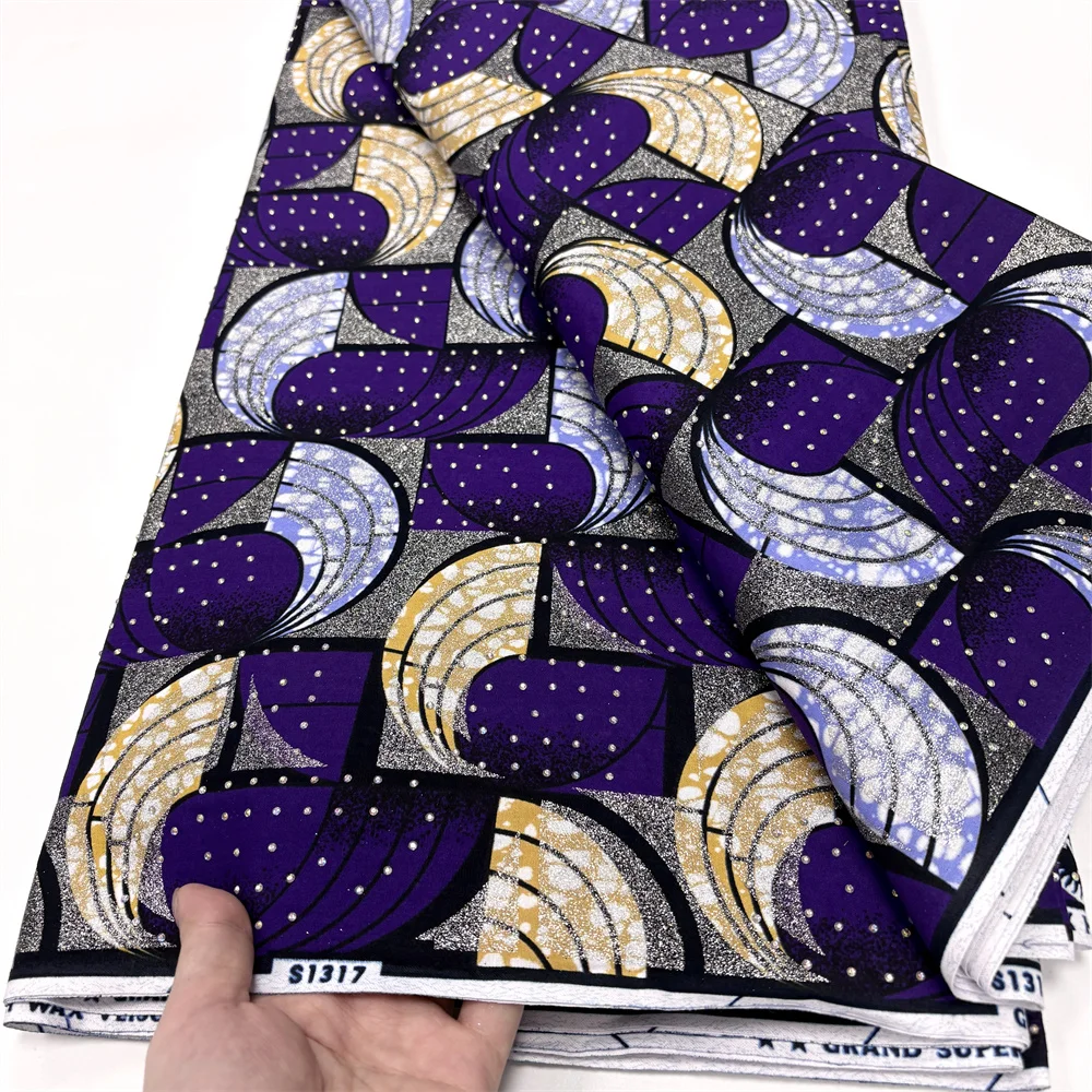 African Wax High Quality Wax Prints With Stones Shiny Wax Block Fabric Tissu For Women Dresse 6 Yards