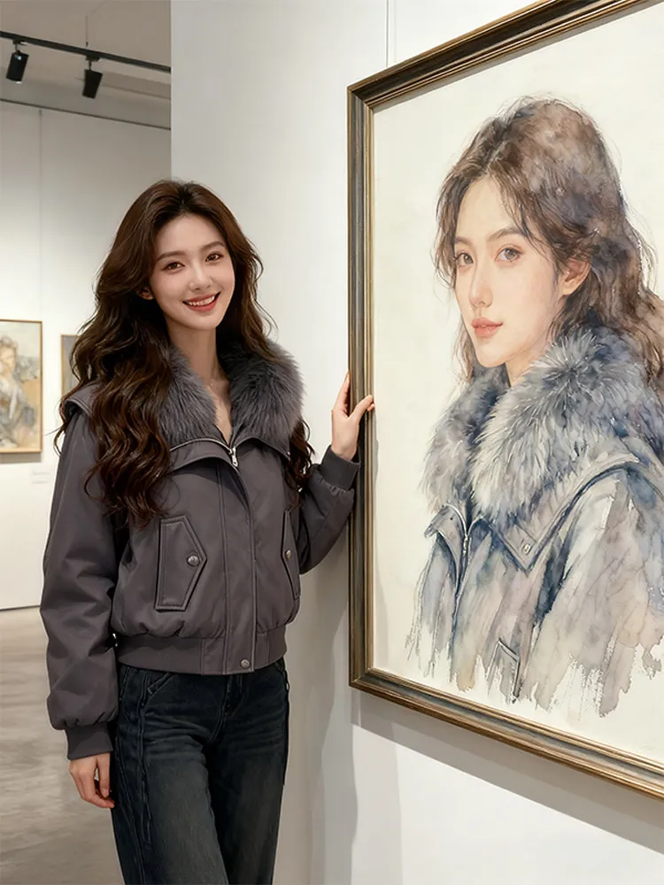 

Ретро-куртка из хлопка с большим меховым воротником для женщин, утепленная, зимняя, теплая верхняя одежда в корейском стиле, свободного кроя