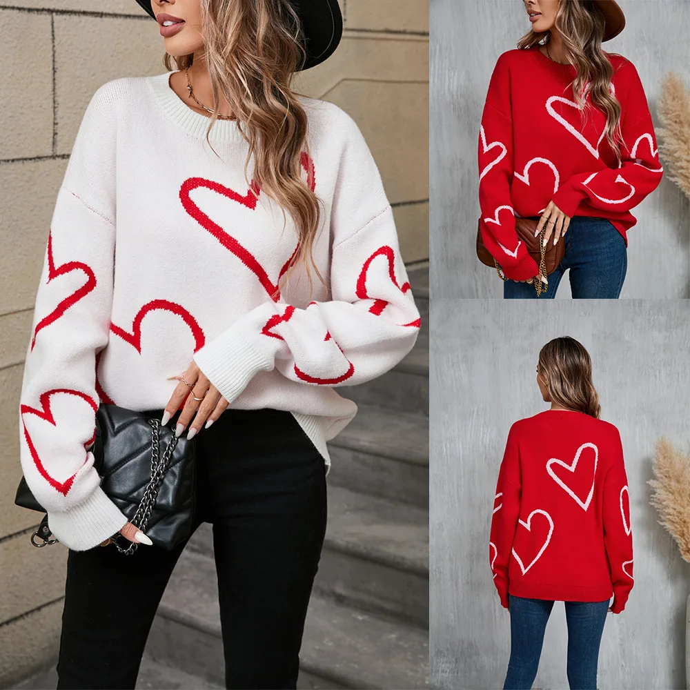 

Valentine Sweater 2025 Spring Oversized Love Heart Knit Top Color Block Pullover