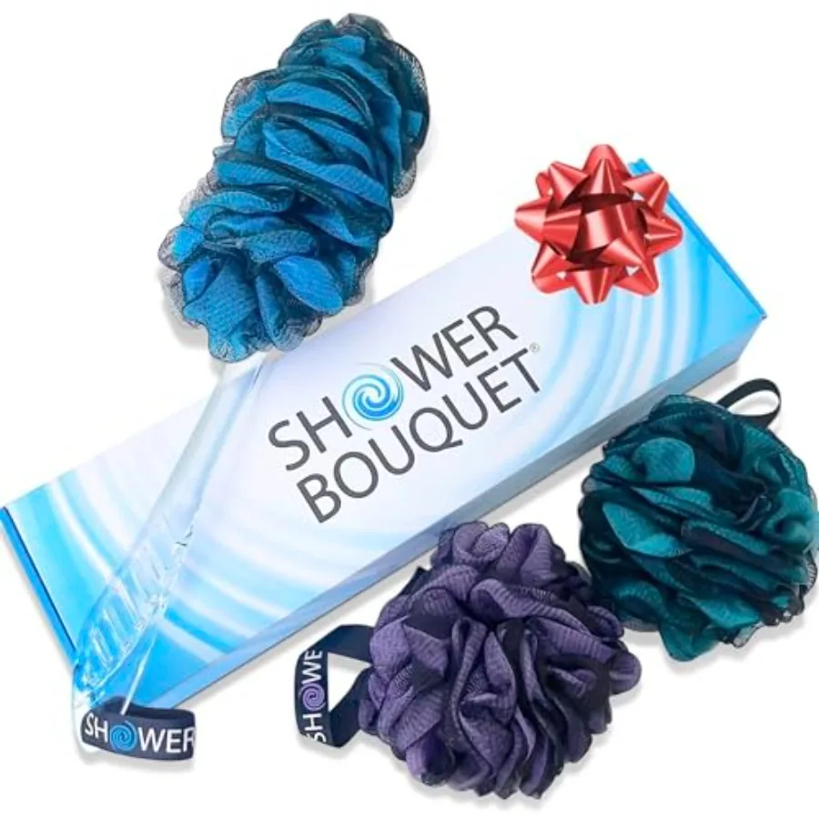 

SHOWER BOUQUET Loofah-Charcoal Back-Scrubber and Bath-Sponge Color-Set// 1 Long-Handle-Back-Brush plus 2 Extra Large 75g Soft M