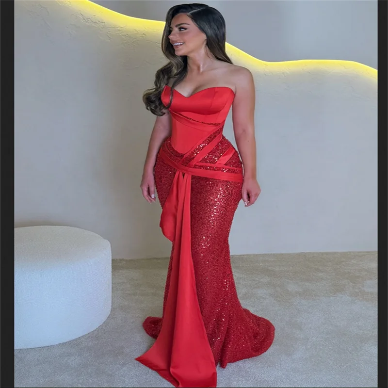 

Customized Red Mermaid Shiny Sequins Prom Dresses Sweetheart Neck Sleeveless vestidos de noiva Floor-Length Formal Evening