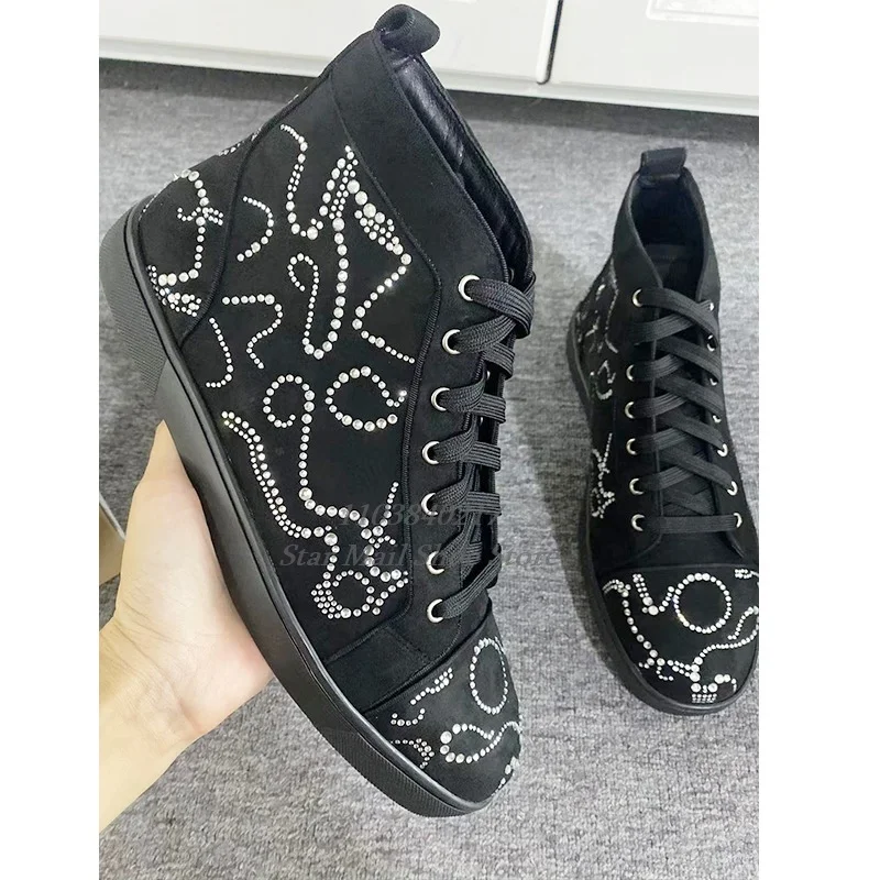 Velvet Rhinestone Upper Men Casual Shoes Round Toe Lace Up Flats Rhinestone Pattern Comfortable Daily Walking Shoes