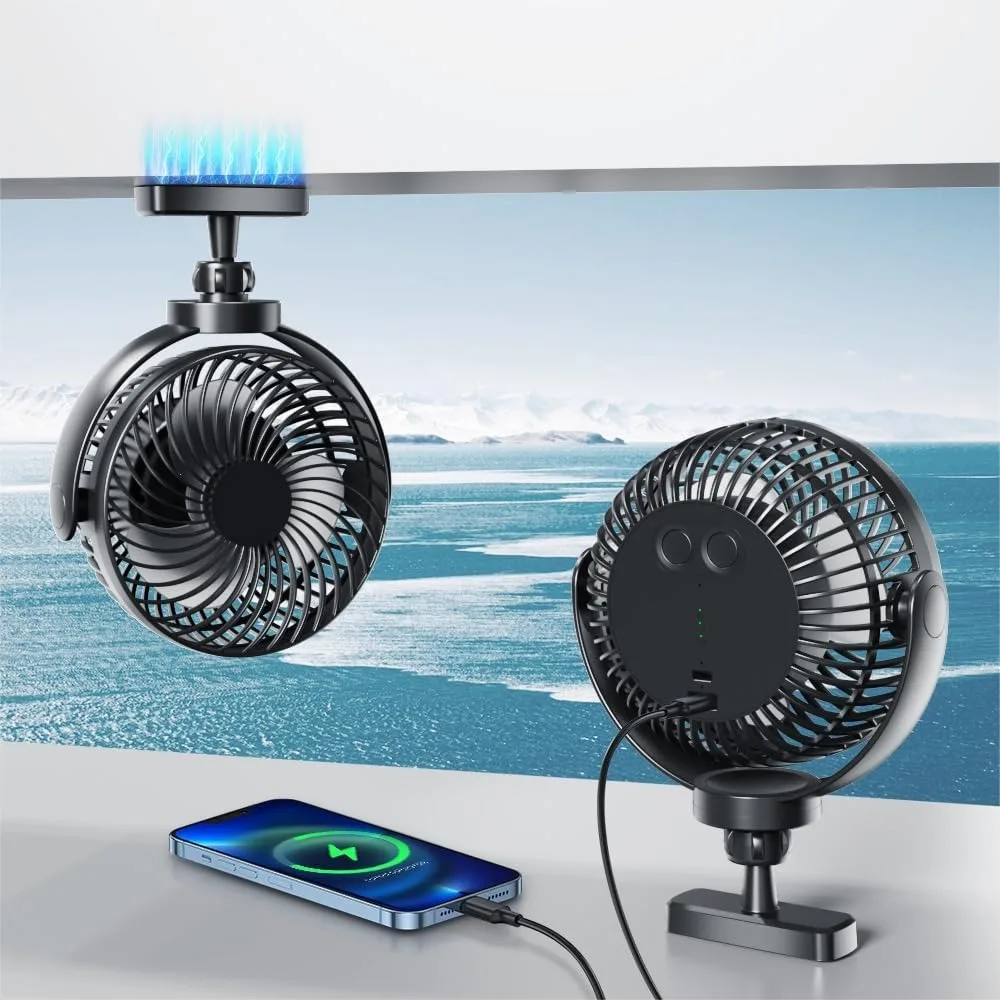 

Magnetic Cruise Fan Rechargeable 10000mAh Battery Operated Portable Fan With 3 Speeds 30H Working Time LED Lantern 360° Rotatable Head Magnetically Sticks On Cabin Ceilings And Walls Black