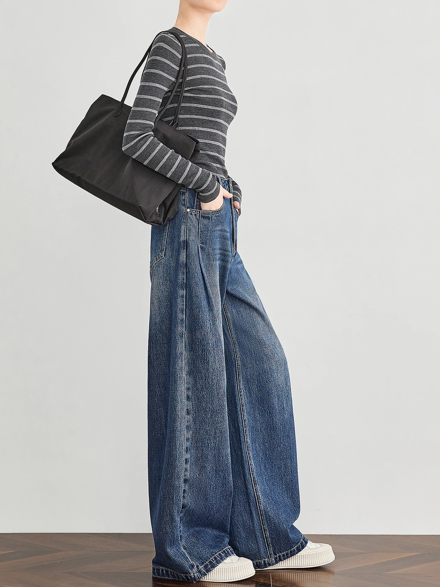 

TUMPUS Vintage Deep Blue Straight Leg Jeans Women's High Waist Wide Leg Casual Arc Pants Spring Autumn Cotton Denim Skinnies