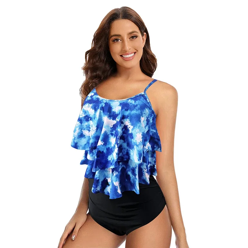 Conjunto de Tankini con volantes para mujer, Top acolchado con Tirantes ajustables para los hombros, tejido elástico ajustado de cintura alta, ropa de playa, 8 colores, 2024