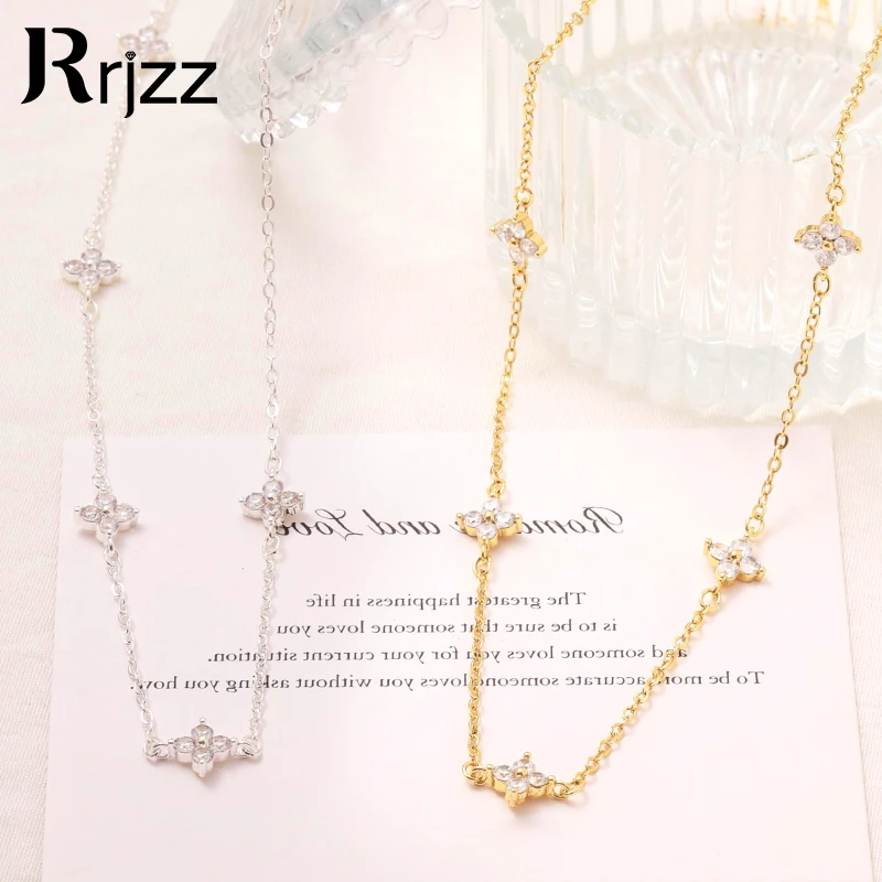 

Rrjzz Dainty Four-leaf Necklace for Women All 3mm D Color Moissanite 5 Flowers Clover Adjustable Charm Necklaces Jewelry Gifts
