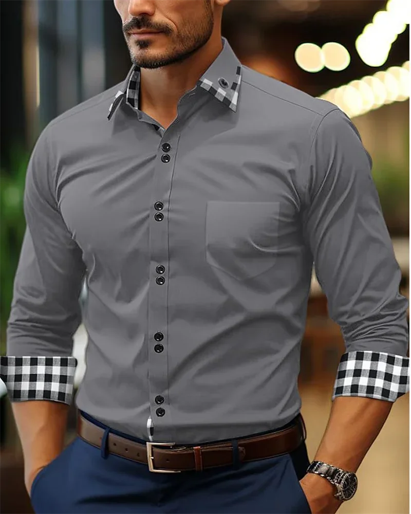 Men\'s long sleeved button up shirt plaid color blocking lapel patchwork clothing casual fashion men\'s summer new shirt S-6XL