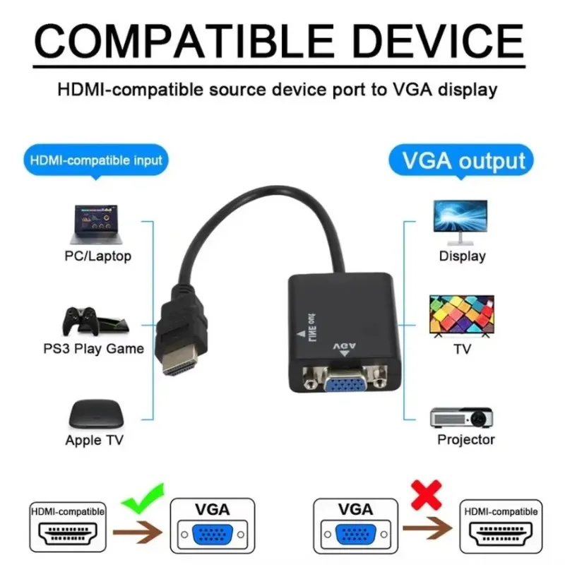 Конвертер 1080P HDMI в VGA с аудиоразъемом 3,5 мм HDMI «папа» на VGA «мама» цифро-аналоговый для ПК, ноутбука, HDTV-проектора
