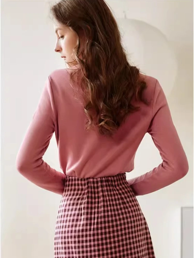 OLrain Damska Dzianinowa Bluzka z Długim Rękawem Jesień 2025 Golf Jednolity Kolor Wyszczuplający Krój Sweter Casualowy Podstawowa Odzież Dzianinowa O21QT55810