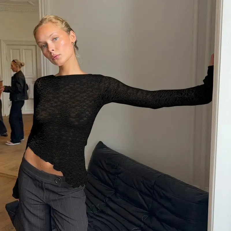 レディース レース 斜め裾 ロング スリムフィット イルトトップ セクシー スレ ポリエステル スパンデックス混紡 ロングスリーブ カラー Tシャツ