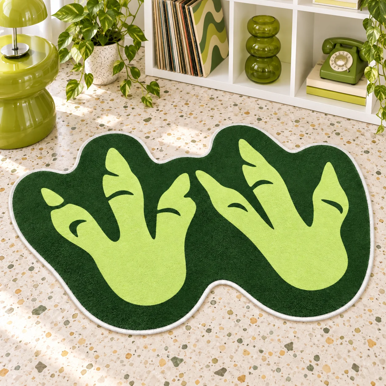 Green Abstract Dinosaur Footprints Shaped Area Rug, Soft Non-Slip Floor Mat for Bedroom, Living Room, Studio and Entryway Decor