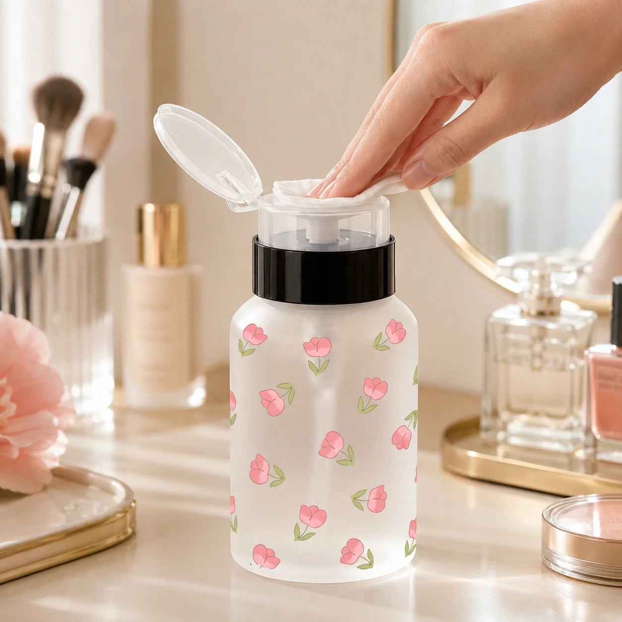 60/150/250ml Floral Press Pump Dispenser Bottle Refillable Makeup Remover Container for Women Travel Salon Skincare