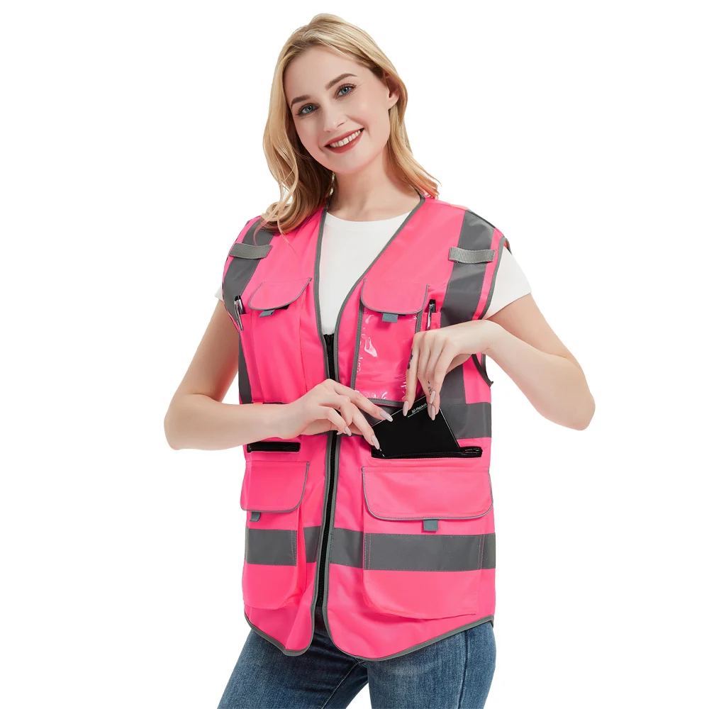 Pink Safety Vests for Women Working Safety Vest with Reflective Strips and Pockets High Vis Work Clothes