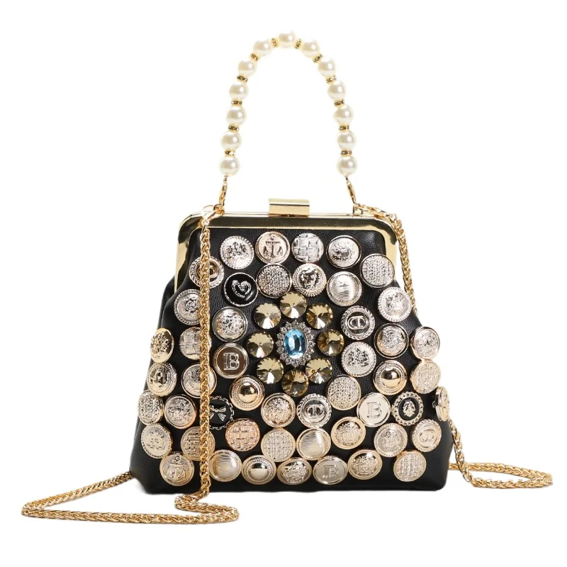 

Fashionable Button Diamond Setting Women's Evening Bag Pearl Handle Handbag Vintage Buttons Punk Style Clip on Shoulder Bag