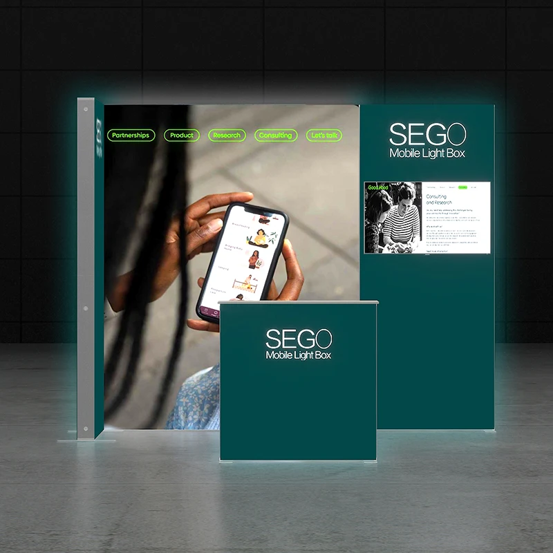SEGO Europe Tade Show Lightbox Portable Aluminum Frame 3x3m Corner Booth with Wheeled Case