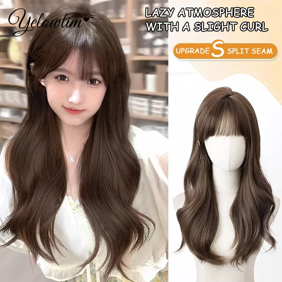 YELOW Women's long hair full headband simulated air bangs big wave curly atmosphere slightly curly long curly hair full wig set