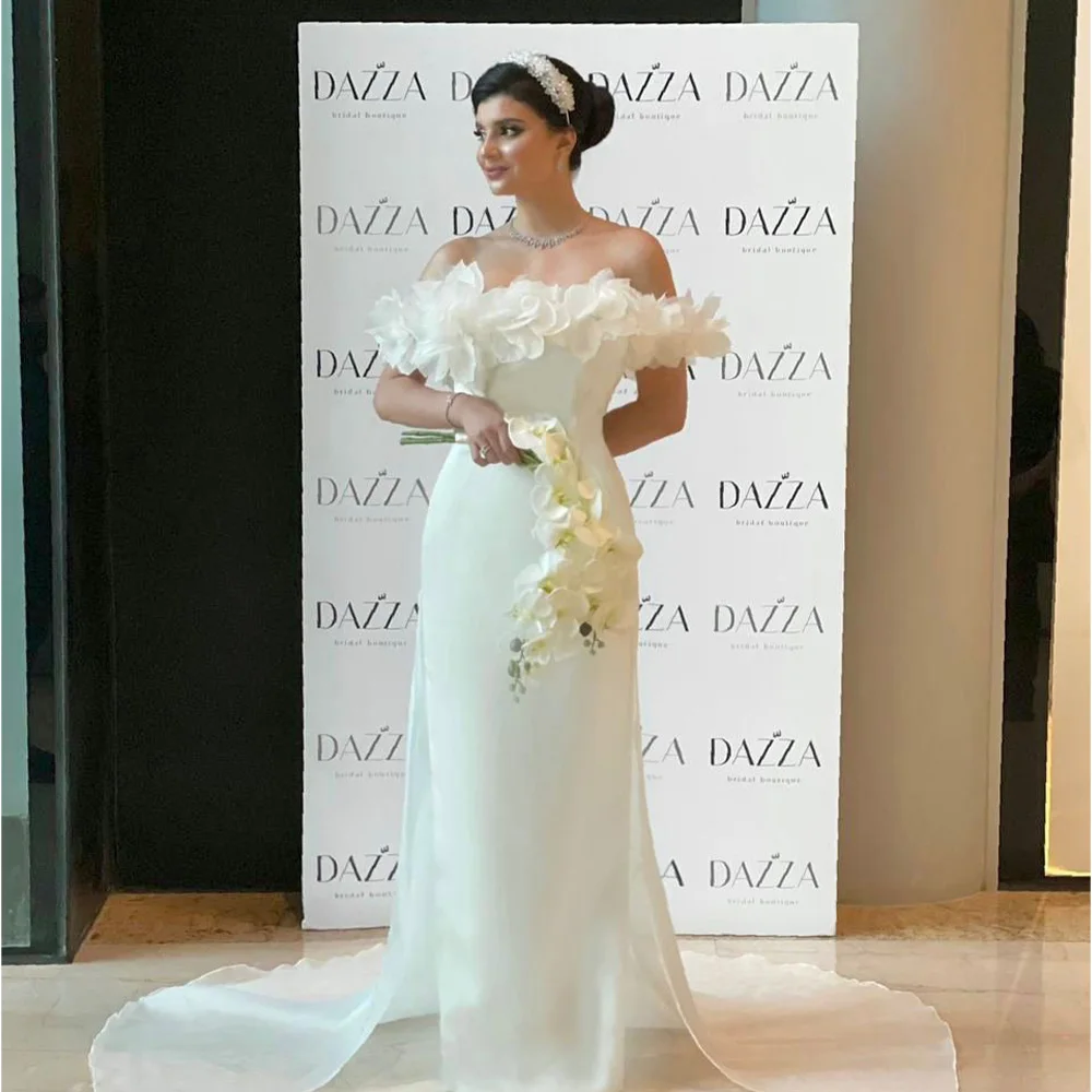 

Handmade Flower Off The Shoulder Satin Mermaid Wedding Dresses With Long Rubbon Custom Made 2026 Vestido De Noival