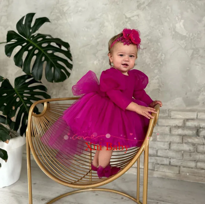 

Fuchsia Beads Flower Girl Dress Scoop Puff Girls Party Dresses for Wedding Short Sleeves Satin Kids Christmas Ceremonial Dress