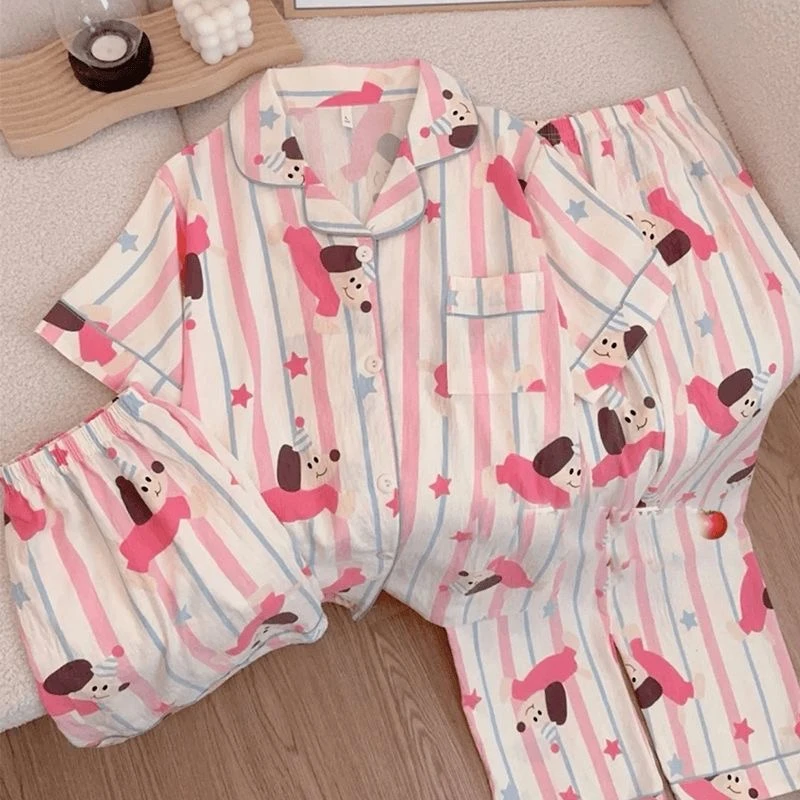 

2025 New Spring Sweet Cute Girl Women's Pajamas Korean Style Pink Striped Dog Print Three Pieces Pajamas Set Lapel Neck HomeWear
