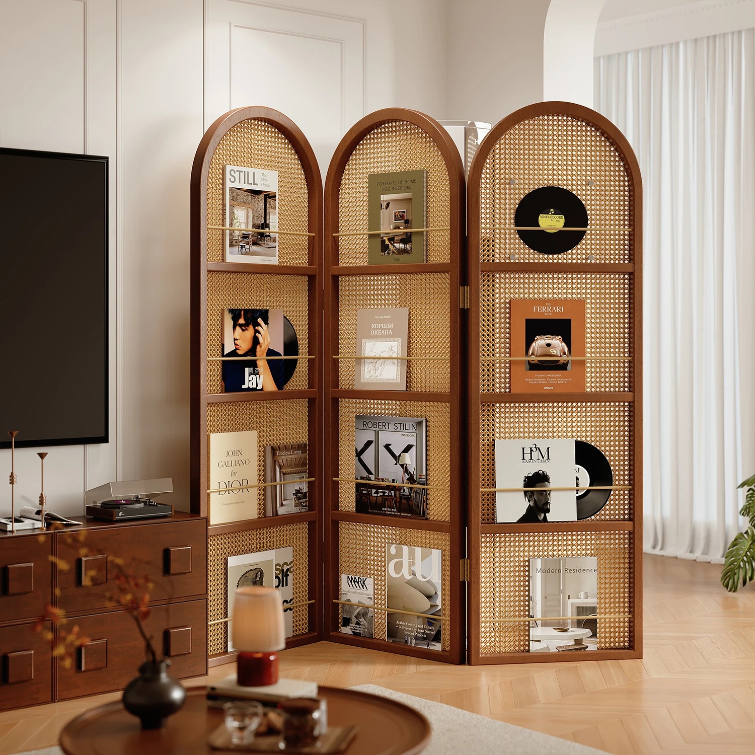 medieval rattan screen, folding partition in the living room