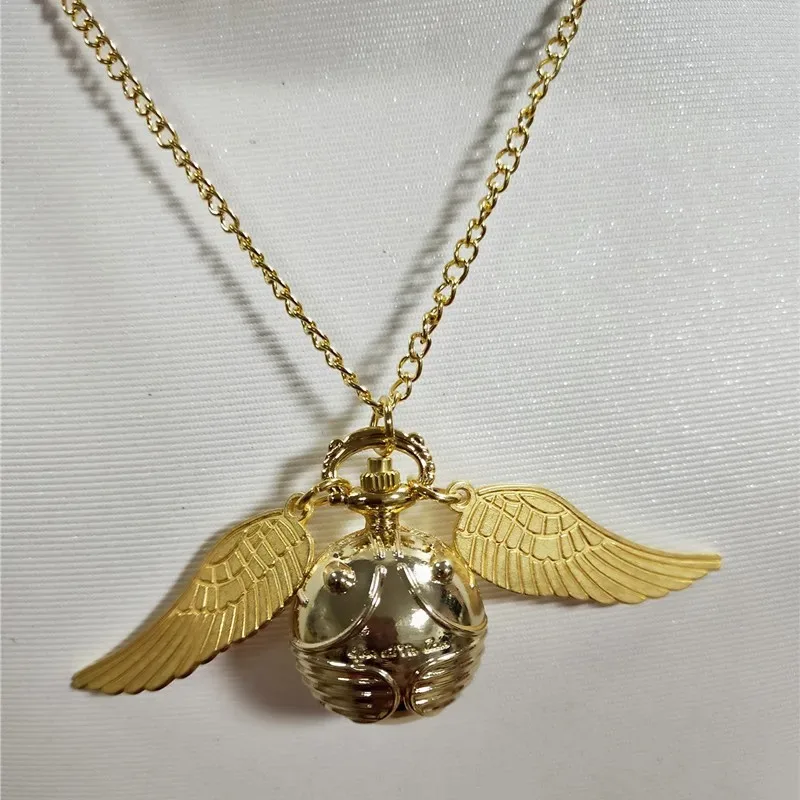 ゴールドカラーの翼付き球形懐中時計スチームパンクヴィンテージウォッチフォブチェーン付きレディースウォッチペンダントネックレスメンズギフト