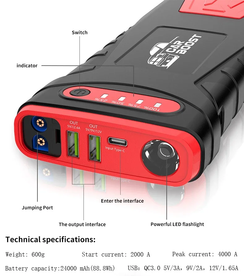 12v Car Jump Starter 22000mAh/Portable Car Jump Starter Power Bank/Intelligent Car Jump Starter