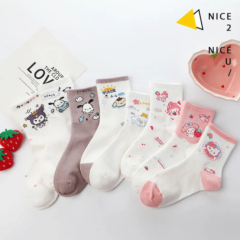 

4Pcs Autumn Kawaii Anime Sanrio Hello Kitty My Melody Mid-Tube Socks Cute Cartoon Kuromi Cinnamoroll Winter Stocking Girls Toy