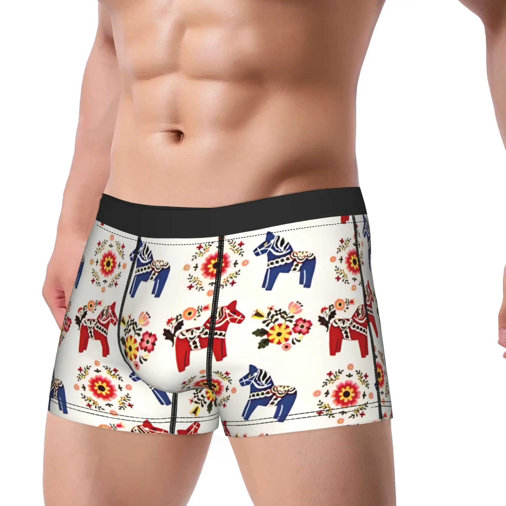 1piece Dala Horse Red & Blue Dala Horse Round Flower Underpants Homme Panties Man Underwear Ventilate Shorts