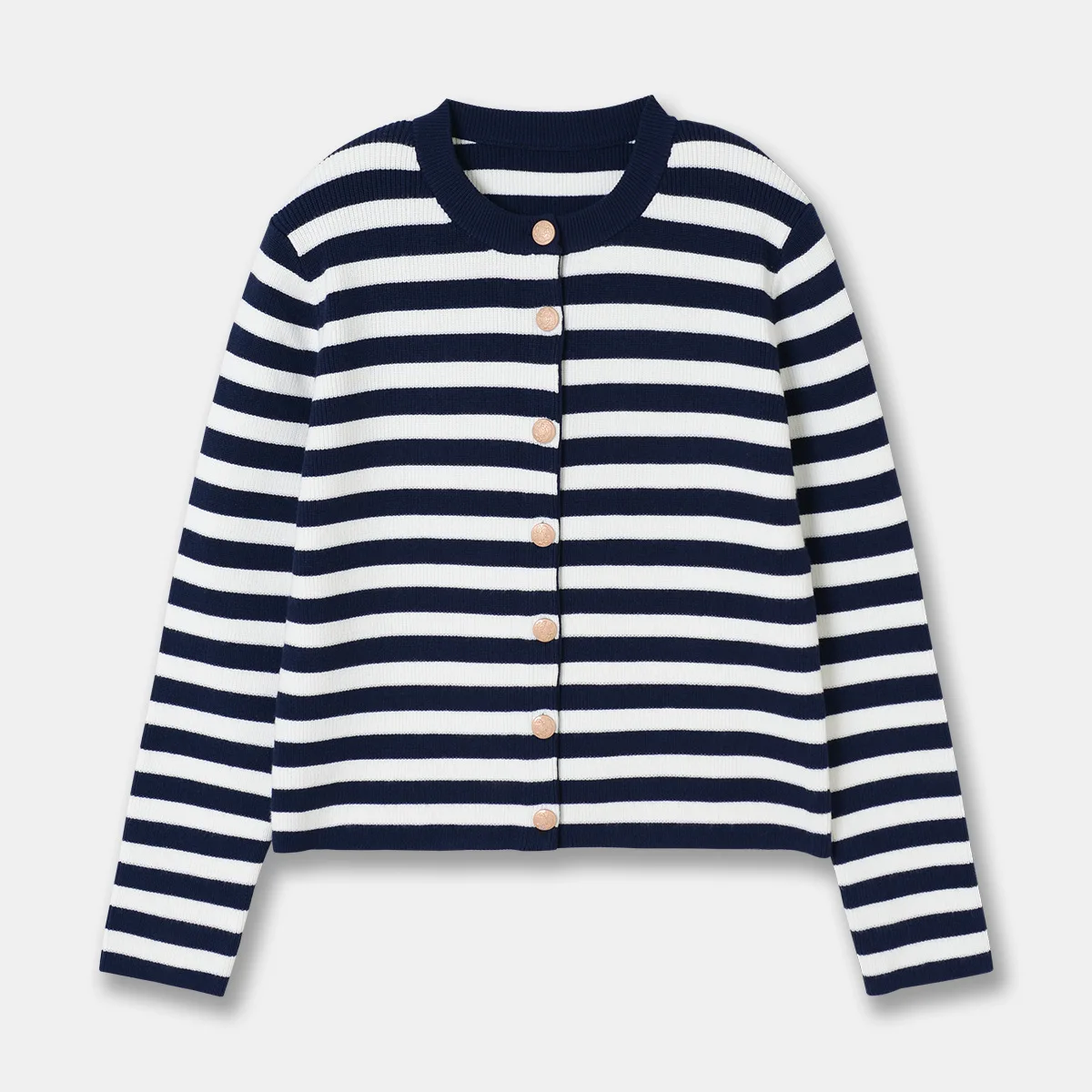 Cardigan rayé bleu marine pour femme, bouton en métal, petit cardigan polyvalent, manches longues, printemps, nouveau, 2024