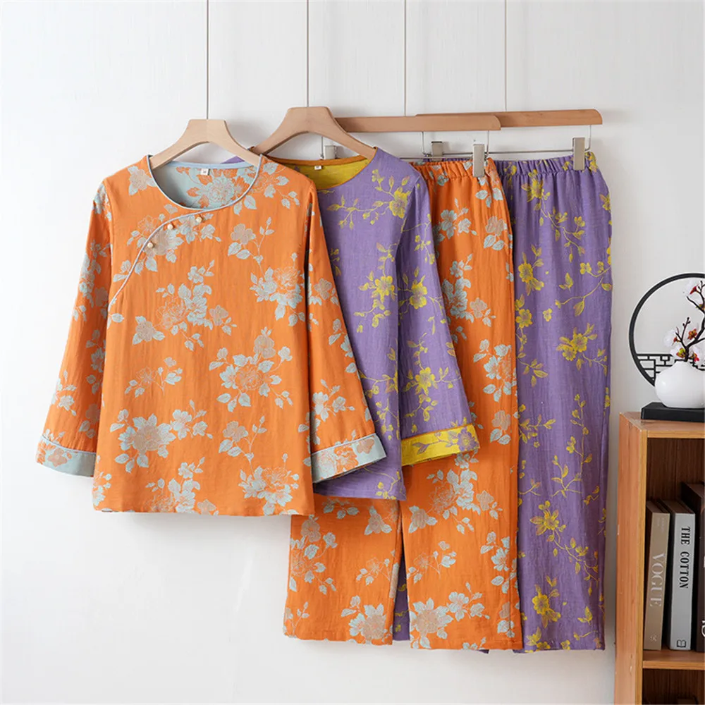Women's Summer Pajama Set Jacquard Cotton Round Neck Sweet Cute Long Sleeve Thin Home Clothing