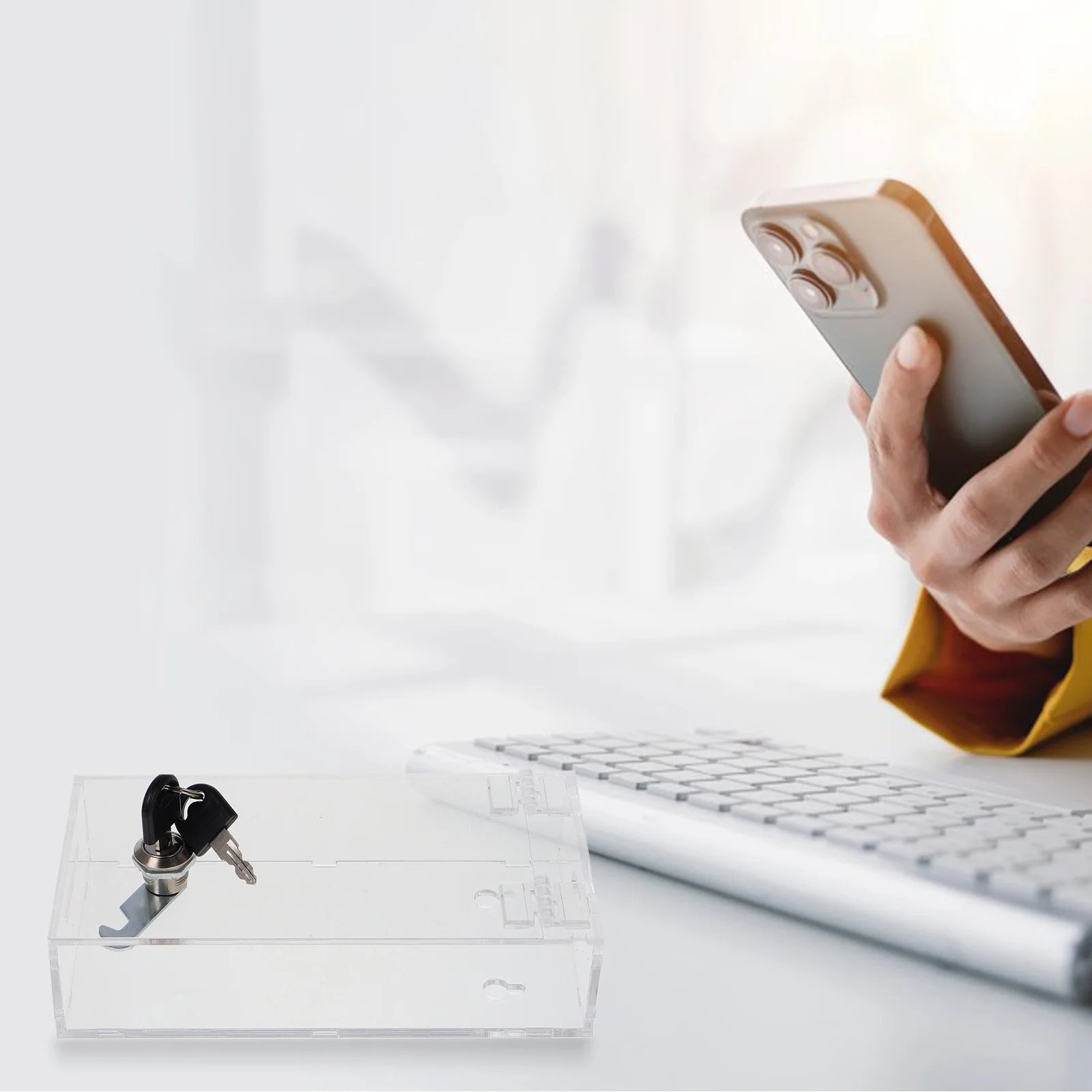 Przezroczyste pudełko do przechowywania telefonu, wysokiej jakości materiał, zabezpieczenie przed dziećmi, łatwe do przenoszenia, praktyczne dla dzieci, uczniów i dorosłych.