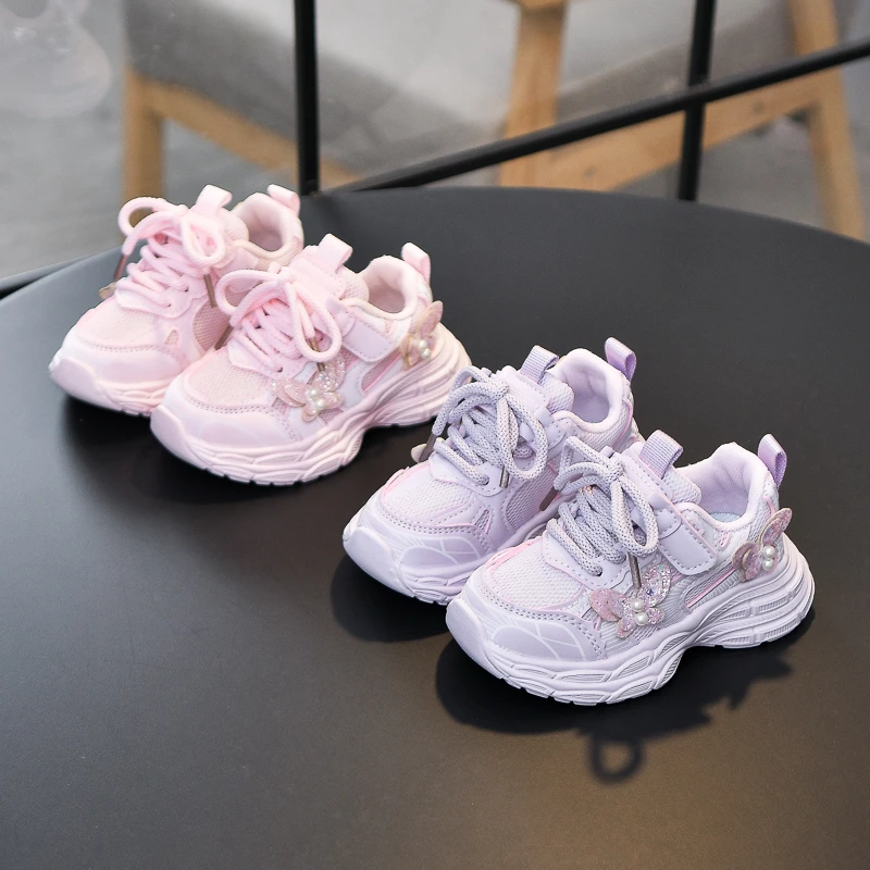 Girls Princess Sneakers Mesh Breathable Children Running Shoes Sweet Butterfly 2026 Brand New Kids Sports Shoes Casual