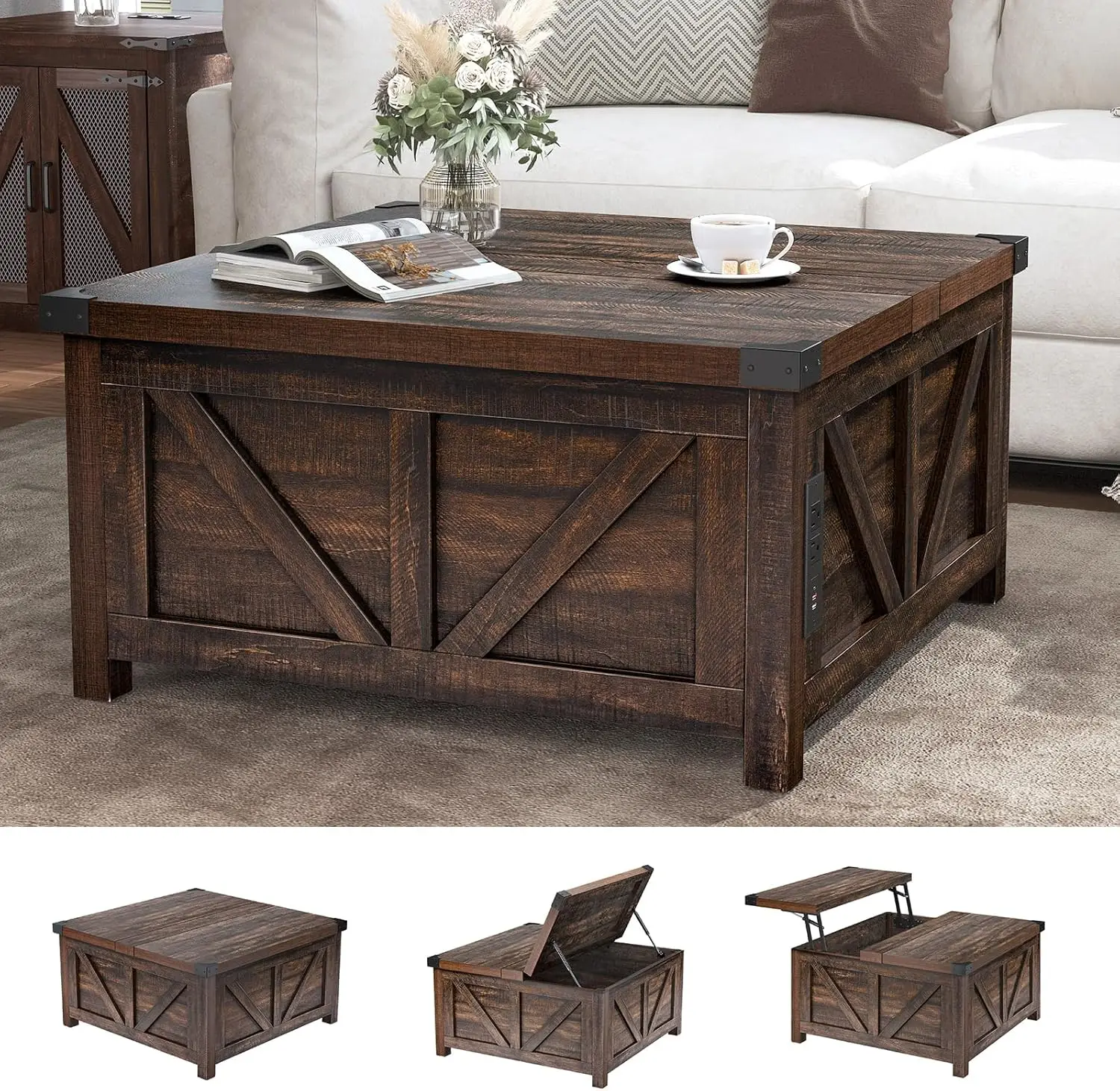 raised coffee table with storage space, wooden square central table with charging station and USB port