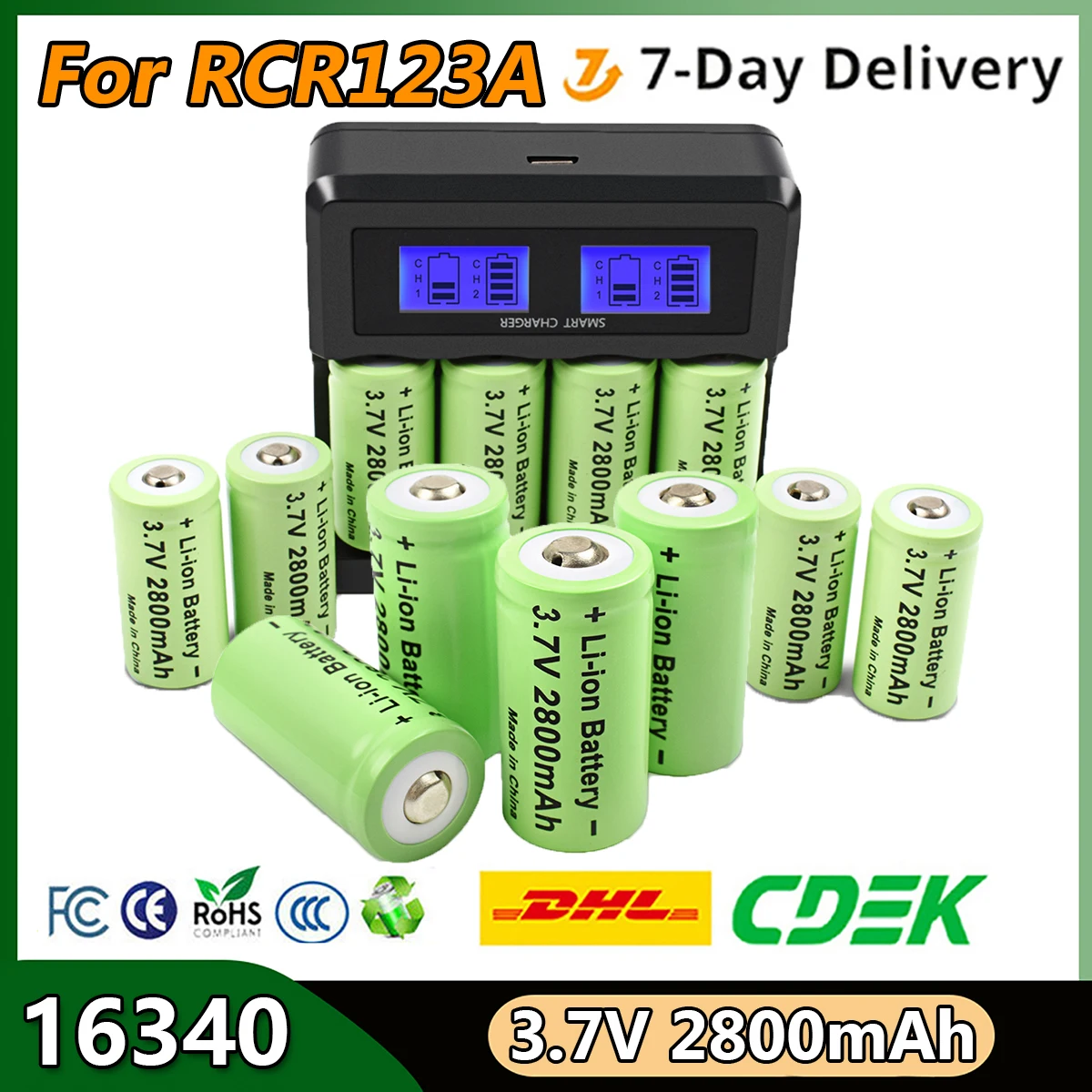 Turpow 16340 2800 mAh wiederaufladbarer 3,7 V Li-Ionen-Akku CR123A Akku LCD-Ladegerät für Überwachungskamera für 16340 CR123A Akku