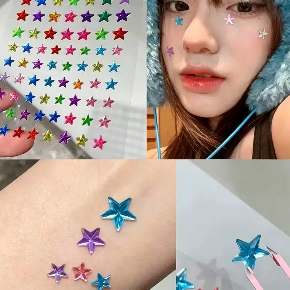 1Pcs Self-Adhesive Five-Pointed Star Face Gems Stickers Colorful 10/8/6mm Star Rhinestone Decals For Festival Party Stage Makeup