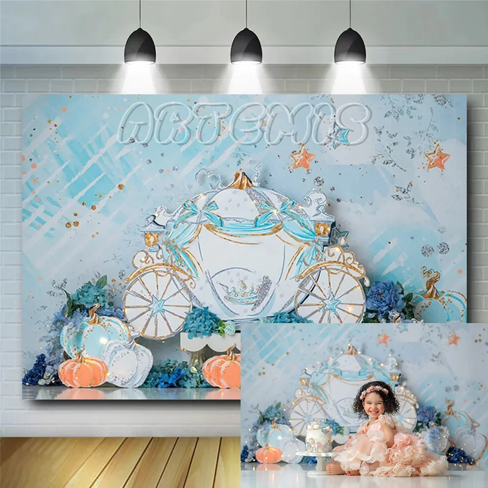 Pumpkin Carriage Photography Backdrop for Cinderella Fairytale Party Floral Stars Snowflake for Kid Princess Photo Decoration