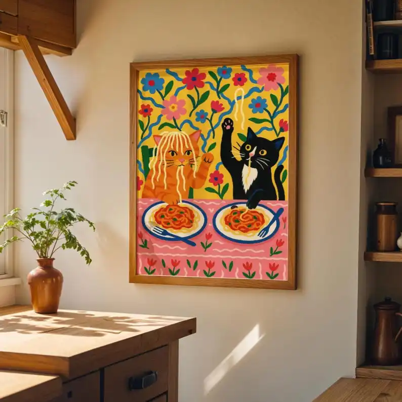 Whimsical Abstract Cat Canvas Wall Art Print Unframed Modern Cat Eating Spaghetti Canvas Poster for Living Room Kitchen Decor